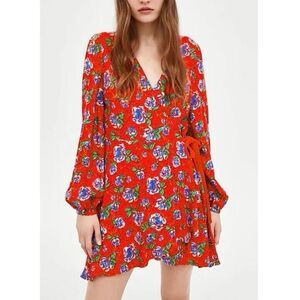 Zara Red Floral Wrap Dress Size S • NEW WITH TAGS •